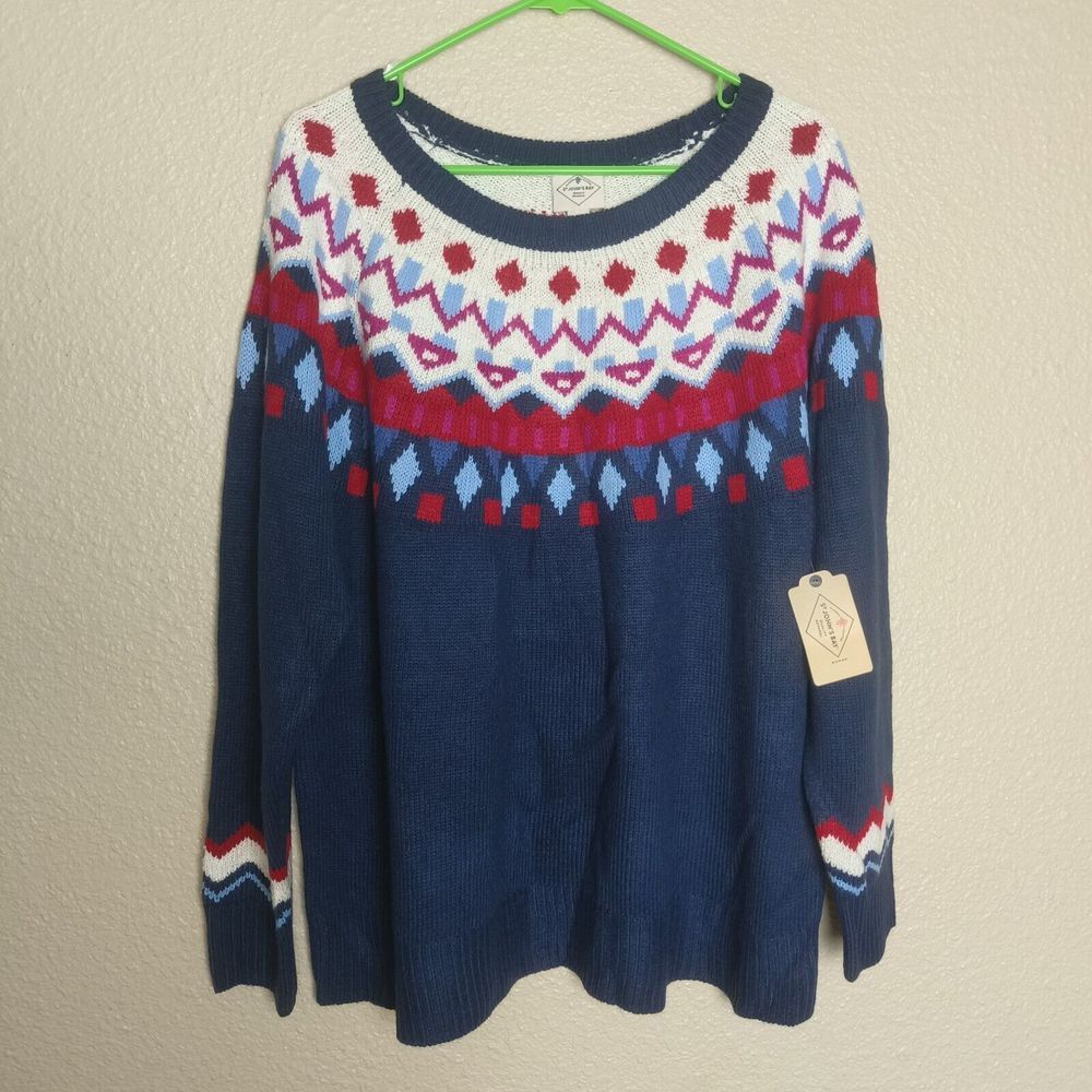 St Johns Bay Women's Sweater Size 1X Blue Argyle Crew Neck Pullover with Designs